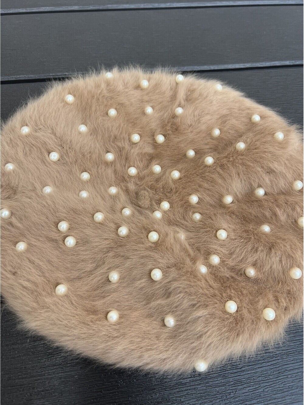 Women Winter Fuzzy Plush Beret Cap Rhinestone Pearl Beading Painter Beanie Hat.